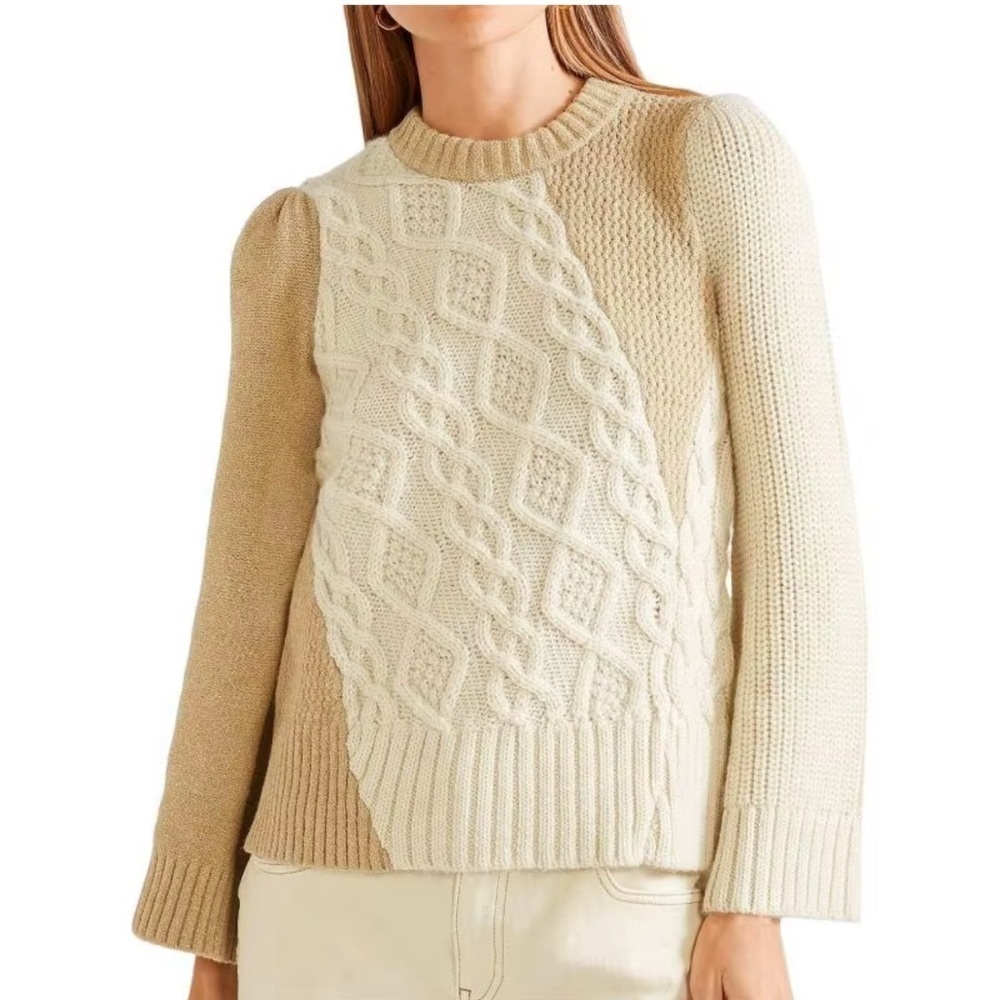Co. Alpaca Blend Cream/Sparkle Tan Flared Long Sleeve Cable Crewneck Sweater. Sm